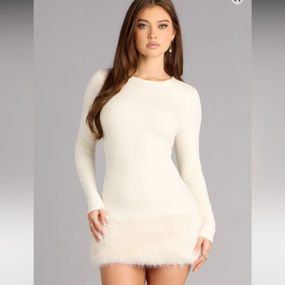 Faux Fur Ivory Long Sleeve Mini Dress